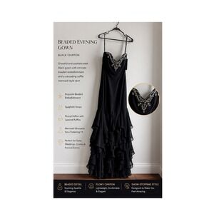 Alfred Angelo Sapphire Black Chiffon Beaded Ruffle Mermaid Evening Gown Size 4